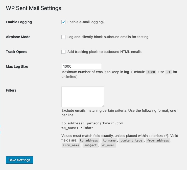 WPSent Mail Settings Page